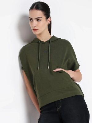 Extended Sleeves Hooded Zipper Closure Relaxed Fit Plain Sweatshirt