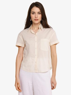 Beige Short Sleeve Collared Collar Button Plain Shirt