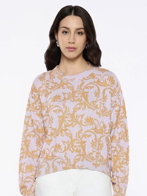 Clementine Light Purple Relaxed Fit Printed Sweater