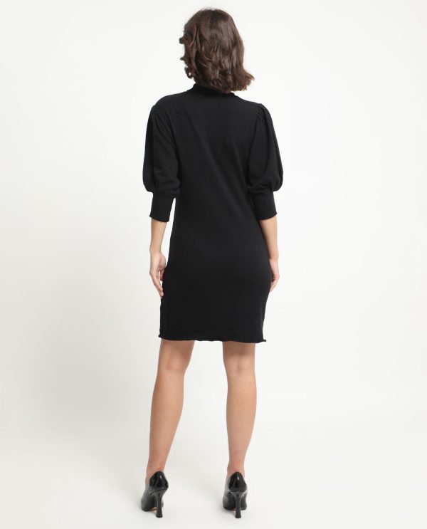 Whisper Black Viscose Fabric 3/4Th Sleeves Turtle Neck Balloon Sleeve Regular Fit Geometric Print Knee Length Sweater