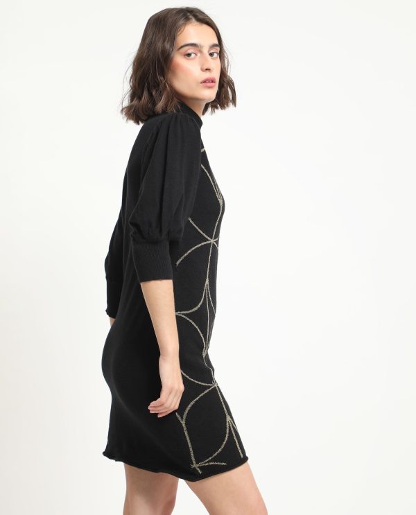 Whisper Black Viscose Fabric 3/4Th Sleeves Turtle Neck Balloon Sleeve Regular Fit Geometric Print Knee Length Sweater
