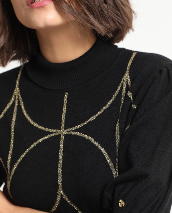 Whisper Black Viscose Fabric 3/4Th Sleeves Turtle Neck Balloon Sleeve Regular Fit Geometric Print Knee Length Sweater