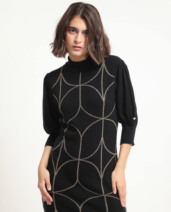 Whisper Black Viscose Fabric 3/4Th Sleeves Turtle Neck Balloon Sleeve Regular Fit Geometric Print Knee Length Sweater