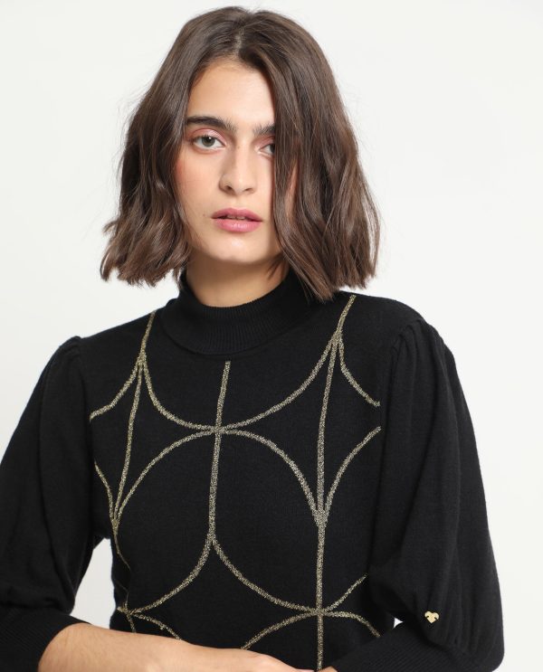 Whisper Black Viscose Fabric 3/4Th Sleeves Turtle Neck Balloon Sleeve Regular Fit Geometric Print Knee Length Sweater