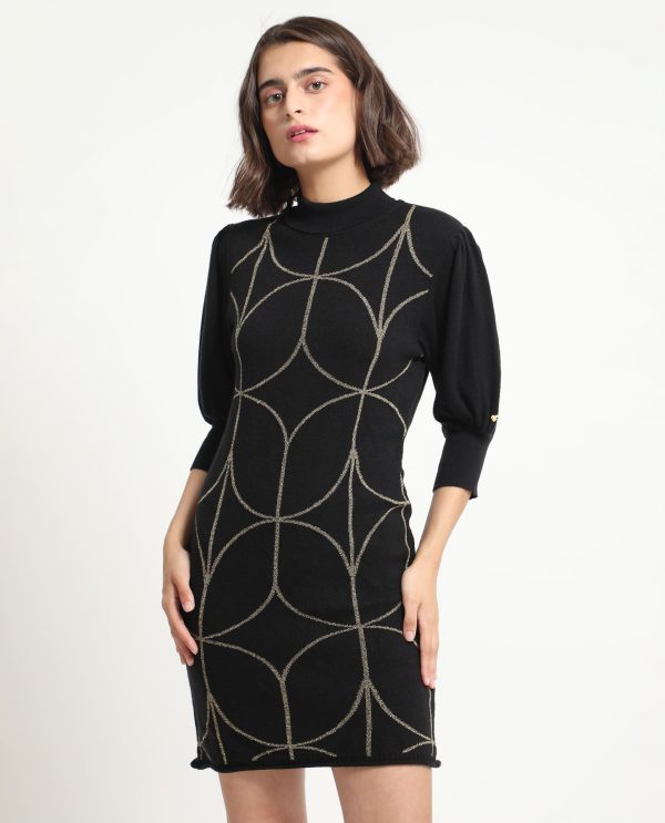 Whisper Black Viscose Fabric 3/4Th Sleeves Turtle Neck Balloon Sleeve Regular Fit Geometric Print Knee Length Sweater