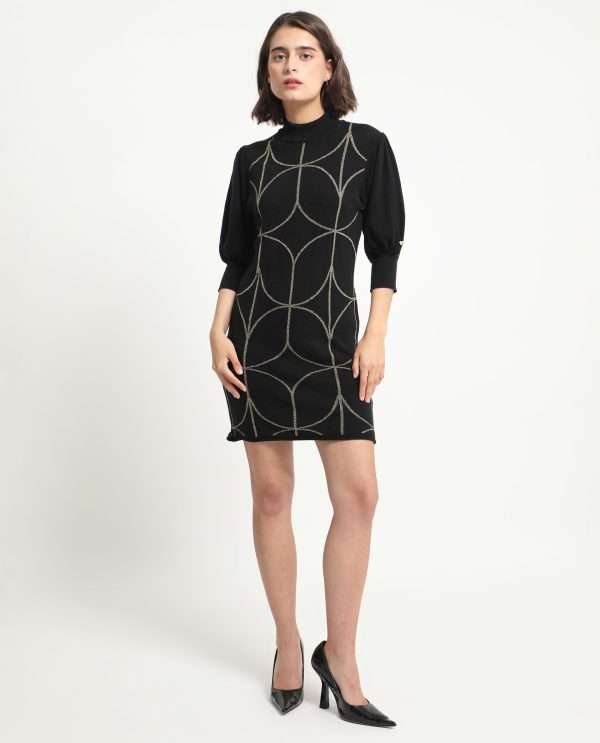 Whisper Black Viscose Fabric 3/4Th Sleeves Turtle Neck Balloon Sleeve Regular Fit Geometric Print Knee Length Sweater
