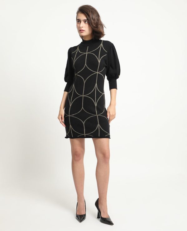 Whisper Black Viscose Fabric 3/4Th Sleeves Turtle Neck Balloon Sleeve Regular Fit Geometric Print Knee Length Sweater