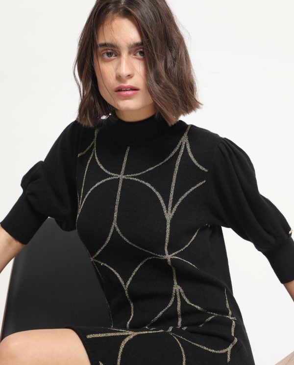 Whisper Black Viscose Fabric 3/4Th Sleeves Turtle Neck Balloon Sleeve Regular Fit Geometric Print Knee Length Sweater