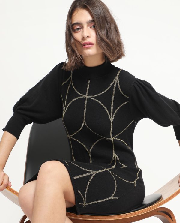 Whisper Black Viscose Fabric 3/4Th Sleeves Turtle Neck Balloon Sleeve Regular Fit Geometric Print Knee Length Sweater