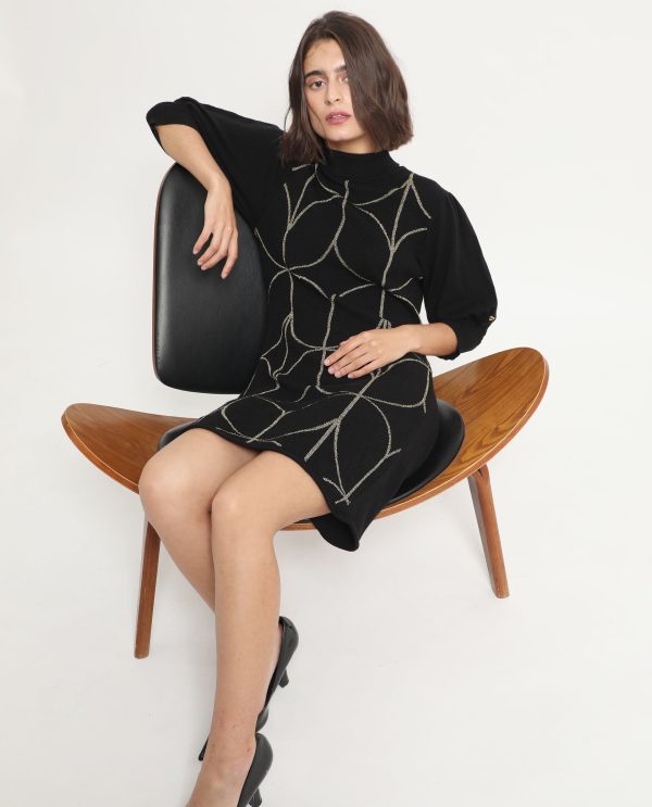 Whisper Black Viscose Fabric 3/4Th Sleeves Turtle Neck Balloon Sleeve Regular Fit Geometric Print Knee Length Sweater