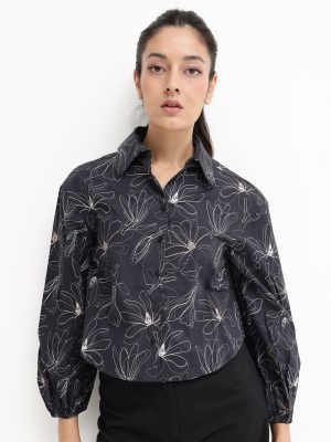 Bishop Sleeves Floral Print Relaxed Fit Cropped Shirt