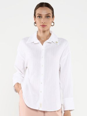 White Cuffed Sleeves Collared Neck Plain Shirt