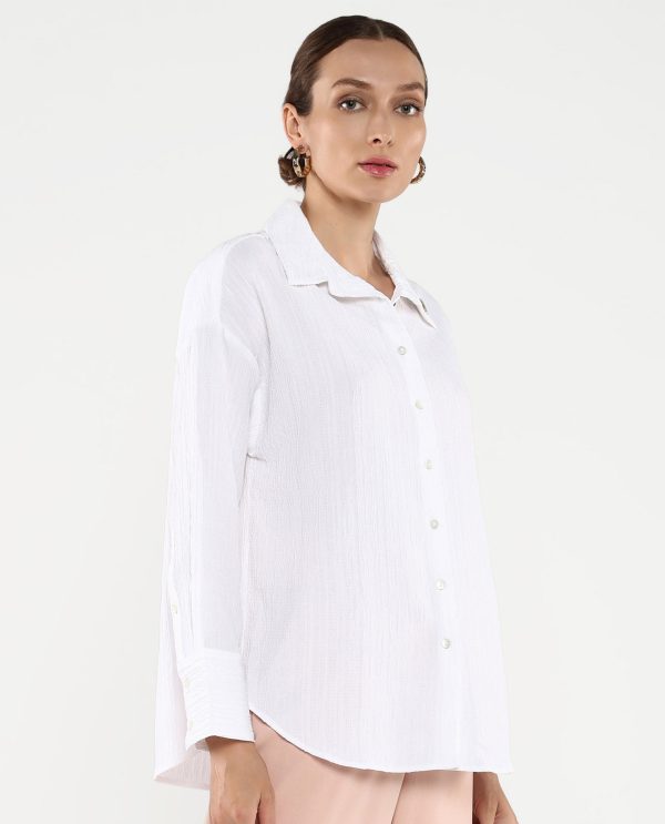 White Cuffed Sleeves Collared Neck Plain Shirt