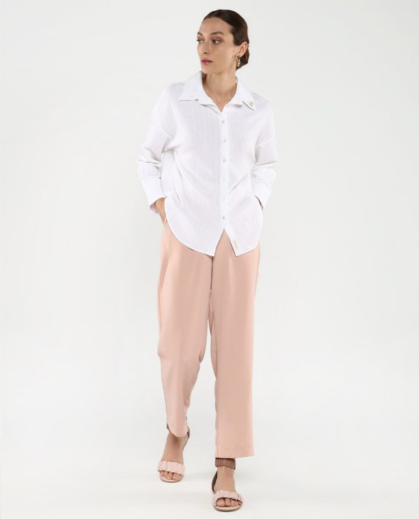 White Cuffed Sleeves Collared Neck Plain Shirt