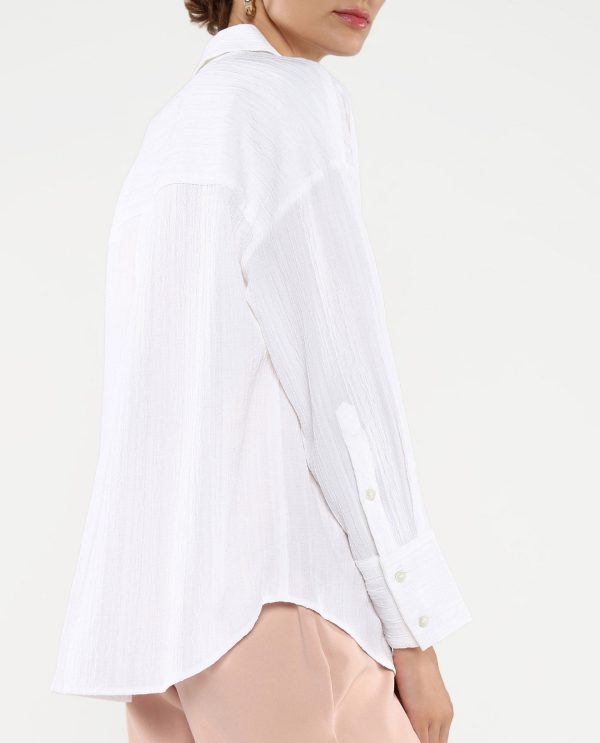 White Cuffed Sleeves Collared Neck Plain Shirt