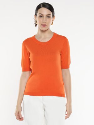 Orange Plain Crew Neck Plain Sweater