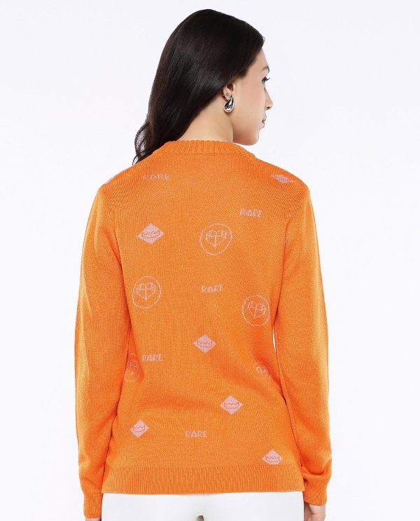 Elora Orange Relaxed Fit Printed Sweater