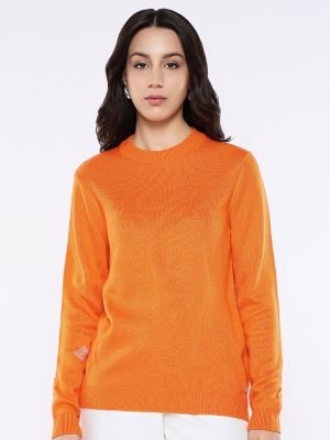 Elora Orange Relaxed Fit Printed Sweater