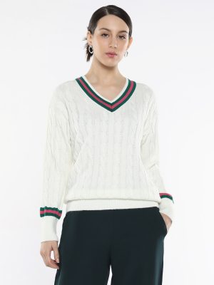 Off-White Acrylic Fabric Relaxed Fit Plain Sweater