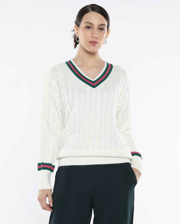 Off-White Acrylic Fabric Relaxed Fit Plain Sweater