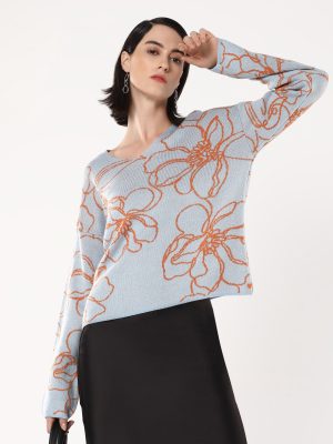 Trinity Blue Acrylic Fabric Relaxed Fit Floral Jacquard Print Sweater