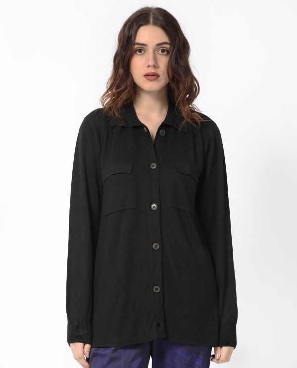 Black Viscose Regular Fit Solid Shirt Collar Sweater