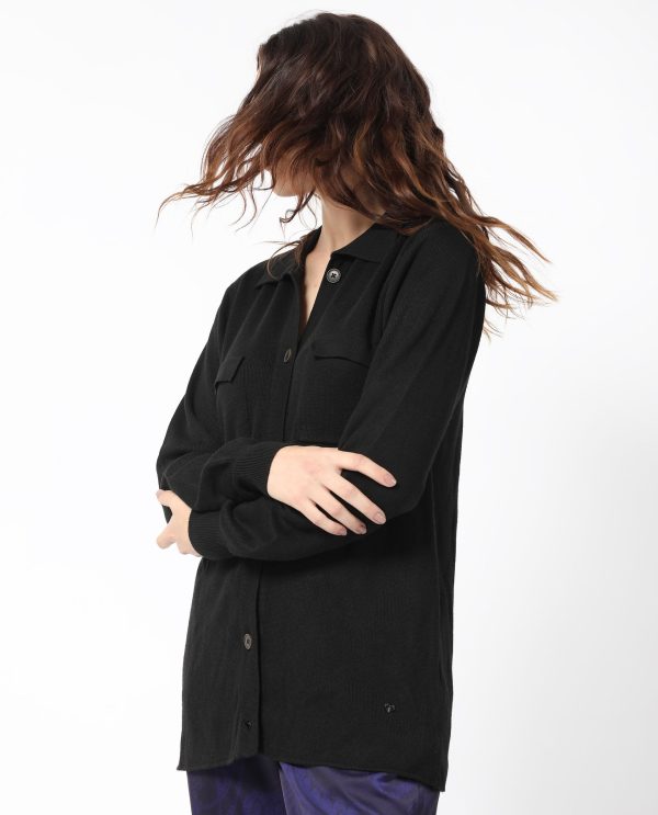 Black Viscose Regular Fit Solid Shirt Collar Sweater