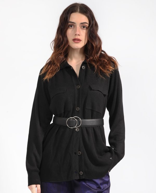 Black Viscose Regular Fit Solid Shirt Collar Sweater