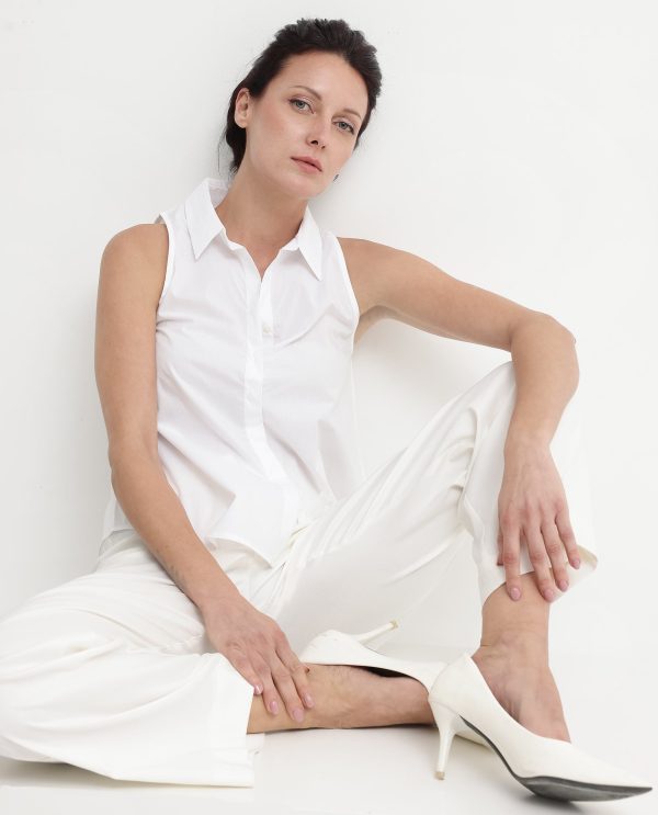 White Collared Neck Button Closure Solid Regular Fit Top