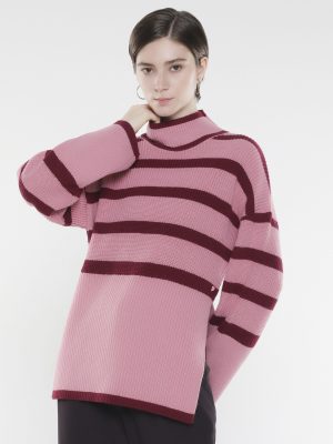 Pink Acrylic Fabric Oversized Fit Stripes Sweater