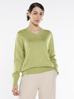 Green Acrylic Nylon Fabric Relaxed Fit Plain Sweater