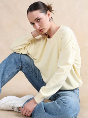 Yellow Cotton Blend Round Neck Relaxed Sweatshirt