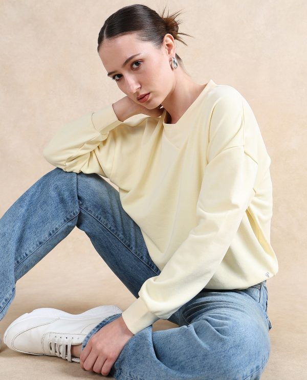 Yellow Cotton Blend Round Neck Relaxed Sweatshirt