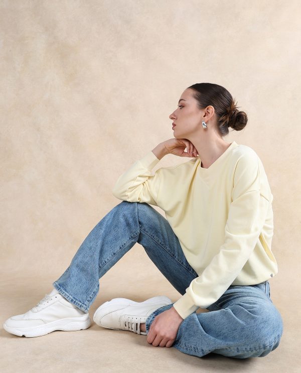 Yellow Cotton Blend Round Neck Relaxed Sweatshirt