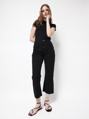 Black Cotton Fabric Plain Crop Flare Jeans