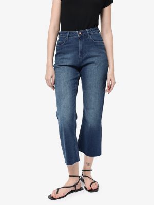 Blue Cotton Fabric Plain Crop Flare Jeans