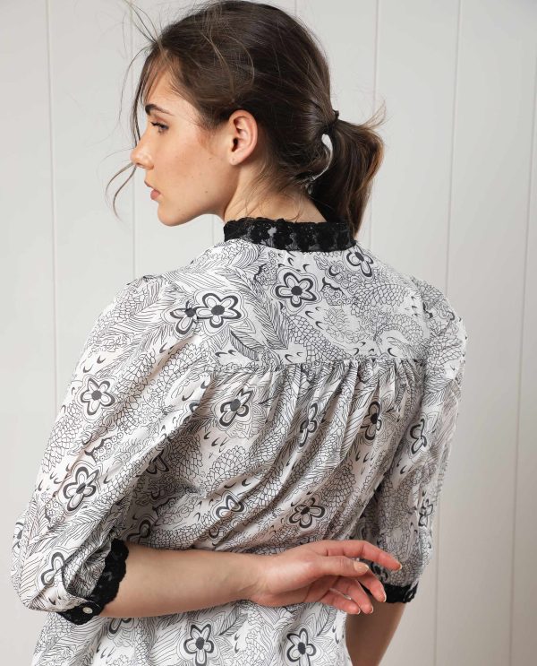 White Puff Sleeve Regular Fit Floral Print Top